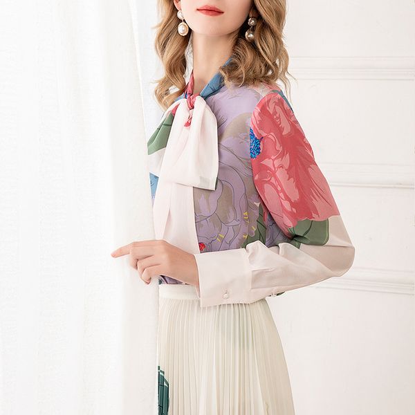 

2020 summer women's designer shirts silk printing fashion bow tank chiffon woman blouse clothing vetement femme kimono blouse, White