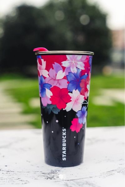 Acheter Nouveau Starbucks Dark Night Sakura Tasse à Café En Acier Inoxydable Fleur De Cerisier Saison Série Purple Desktop Mug 473ml Portable De