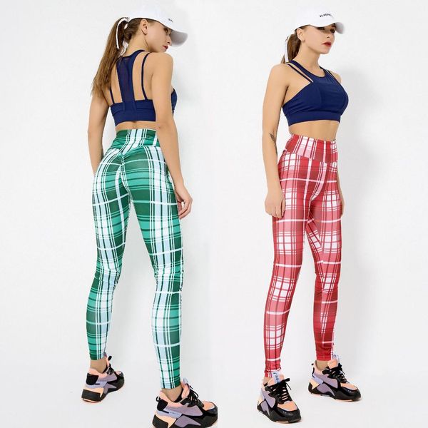 

fashion printed plaid nude skin-friendly dance sports nine points tight pants high waist hip bottoming, Black