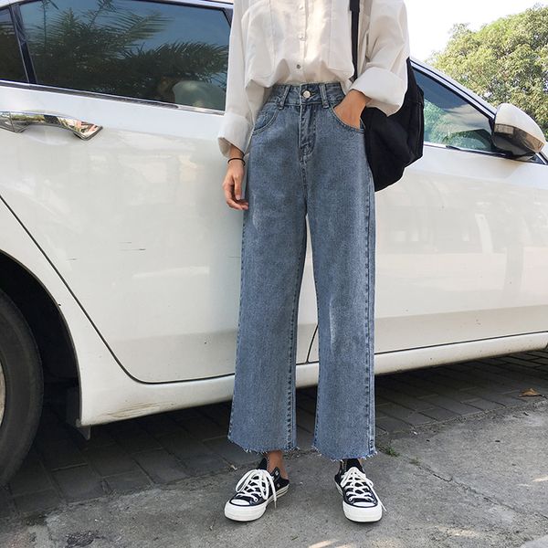 

women's jeans retro high waist korean loose straight pants wide leg cropped casual women, Blue