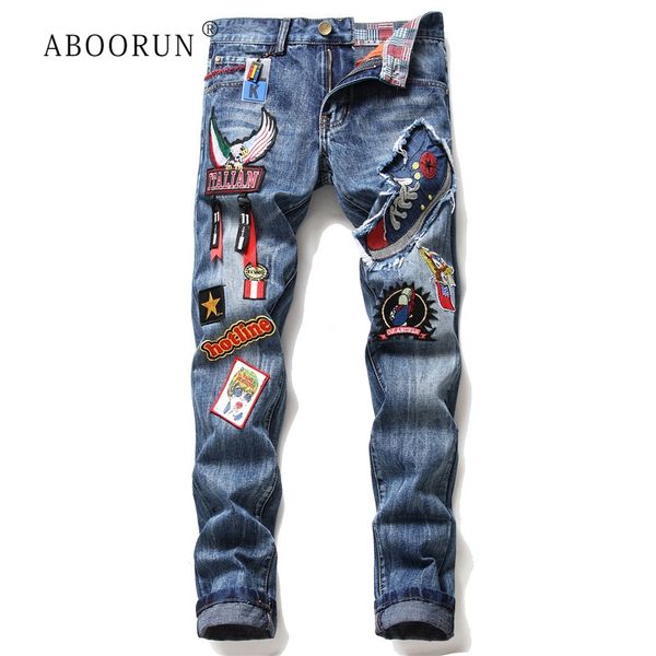 

aboorun punk eagle florwer embroidery jeans men's skinny ripped pencil denim pants hi street men's brand jeans, Blue
