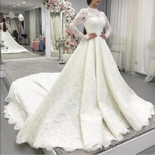 

high neck long sleeves wedding dresses modest full lace a line court train classic design 2019 winter bridal gowns customize plus size, White
