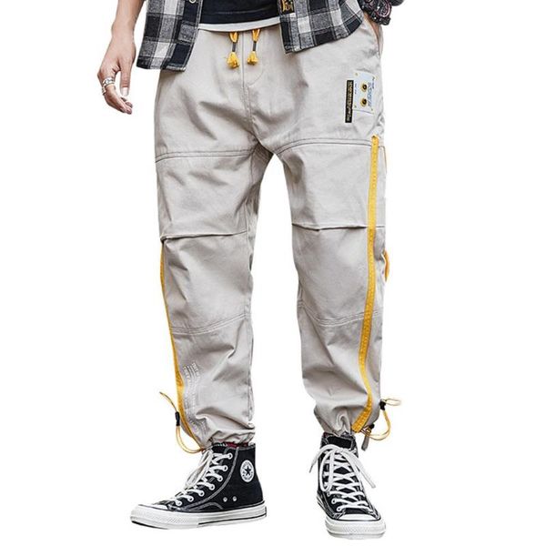 

bannaji men's casual cotton youth cargo jogger drawstring hip hop streetwear high street harem pants trousers for male outerwear, Black