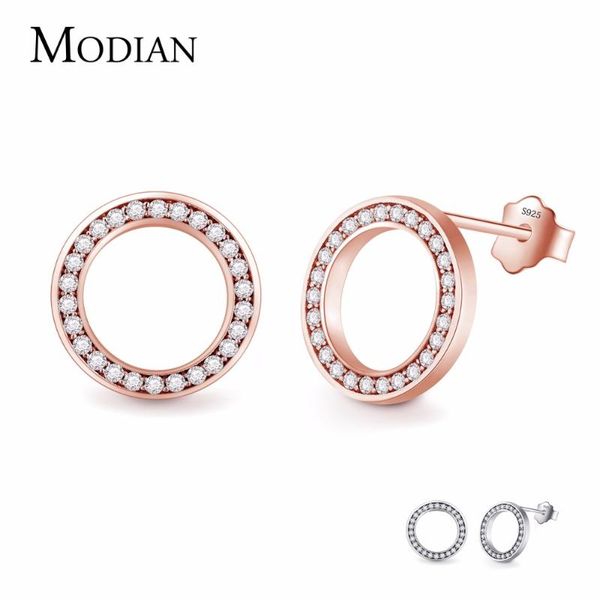 

modian 2018 solid 925 sterling silver rose gold color round 3a zircon crystal fashion stud earrings for women wedding jewelry, Golden;silver