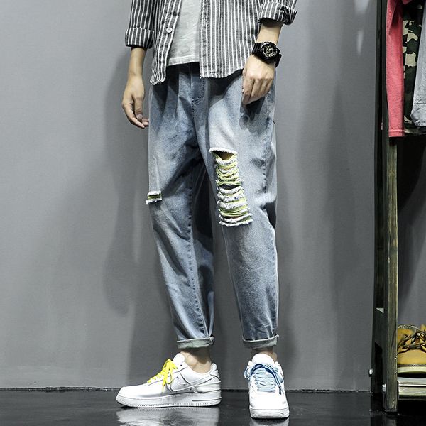 

ripped jeans men's fashion straight hip hop jean pants men streetwear loose stretch waist casual denim trousers mens -5xl, Blue