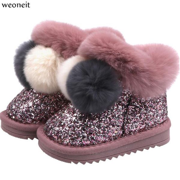 

weoneit новые зимние плюшевые ребёнки снега сапоги теплые ботинки плоские младенца малышей обувь открытый снега сапоги блестки девушки дети, Black;grey