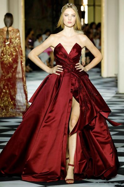 

zuhair murad темно-красный бисером пром платья v шеи аппликация линия сторона сплит вечернее платье развертки поезд атласные сексуальные веч, Black
