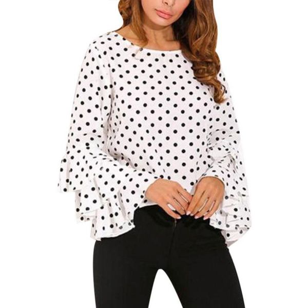 

lady black dot print flare sleeve white women blusas рубашка шифон горошек o-образным вырезом элегантная блузка с длинным рукавом