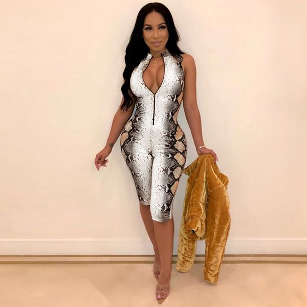 

snake skin print playsuit women jumpsuit high neck sleeveless combinaison femme zipper slim bodycon bodysuit rompers female, Black;white