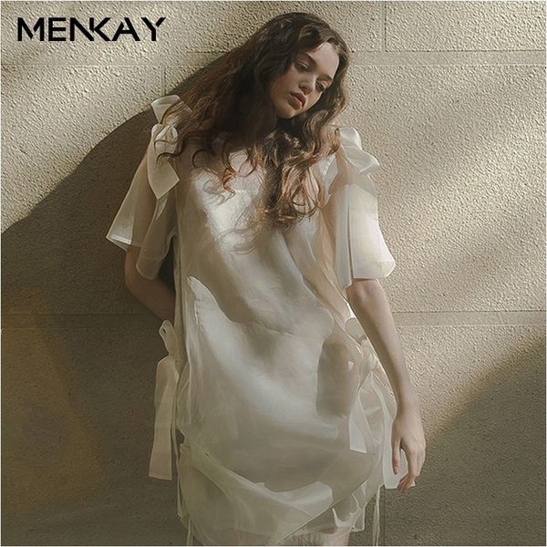 

menkay] o neck short sleeve perspective two piece set clothing women mesh streetwear female 2019 spring lace up vestido, White