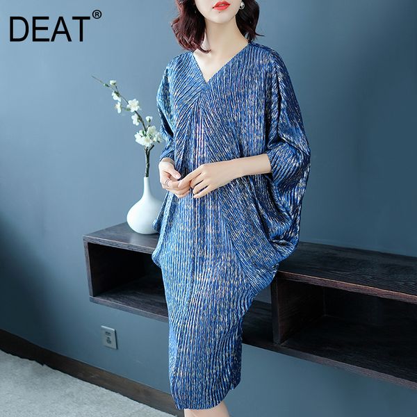 

deat] 2020 fast delivery new women spring loose dress pleated short batwing sleeve v neck mid calf length large size tide na949, Black;pink