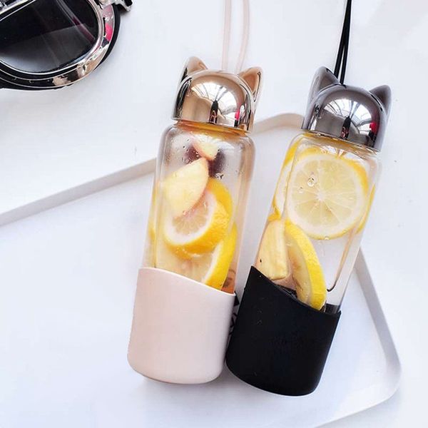 

350ml portable cute fox glass water bottle transparent bottle for bicycle tour non-slip drinkware