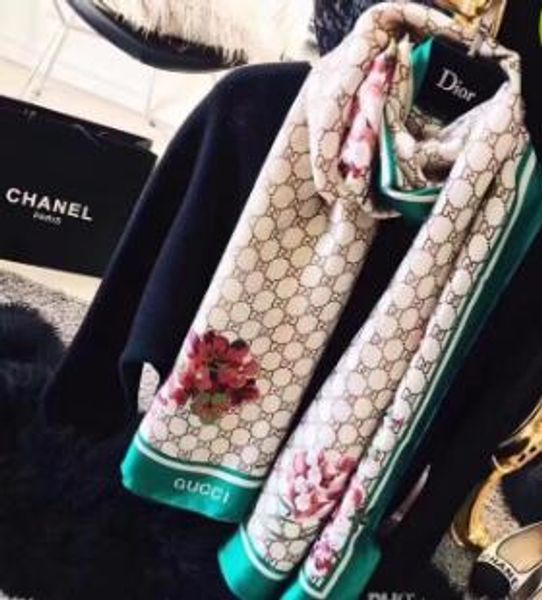

Luxury Brand Silk scarf for Women 2018 Summer Designer Full Logo Green Floral Flower Long Scarves Wrap With Tag 180x90Cm Shawls S423