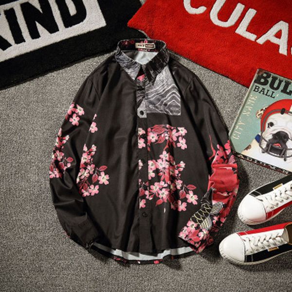 

men clothes 2019 mens hawaiian shirt long sleeve social masculina casual flower shirts men's size men fashion shirt 2019, White;black