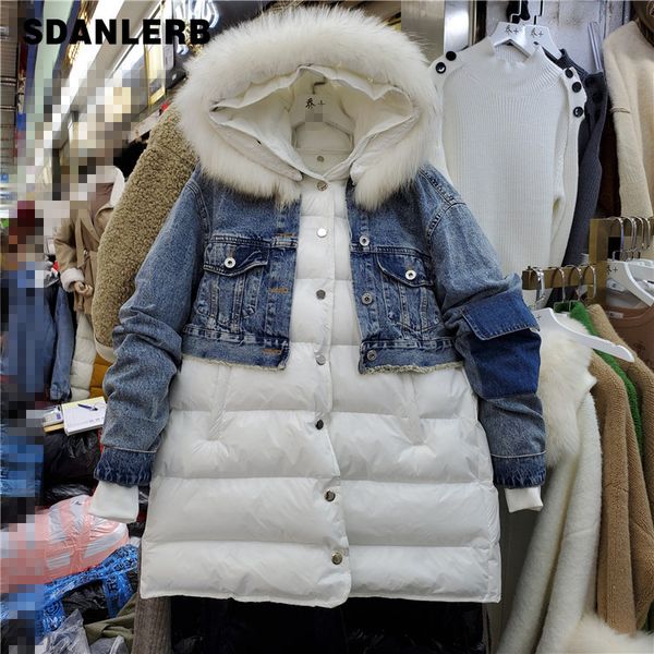 

natural fur denim coat down padded women's mid long winter jacket hooded windproof windbreaker coats for women parka femme, Black
