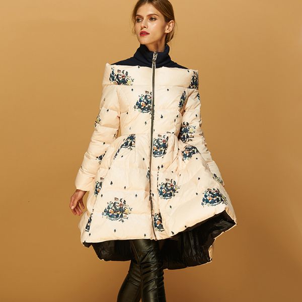 

tvvovvin loose fit print mixed color big hem down jacket new long sleeve warm women parkas fashion tide autumn winter 2019 f960, Tan;black