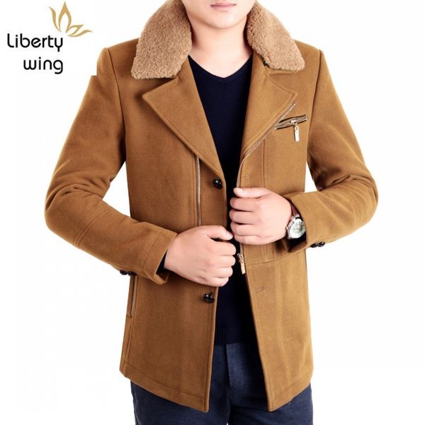 

men's wool & blends autumn winter mens slim fit coat single breasted fur lapel collar jacket outwear business man casual coats khaki, Black