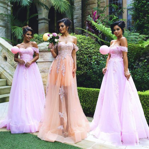 

pink off the shoulder a line bridesmaid dresses sweep train simple african country wedding guest gowns maid of honor dress plus size, White;pink