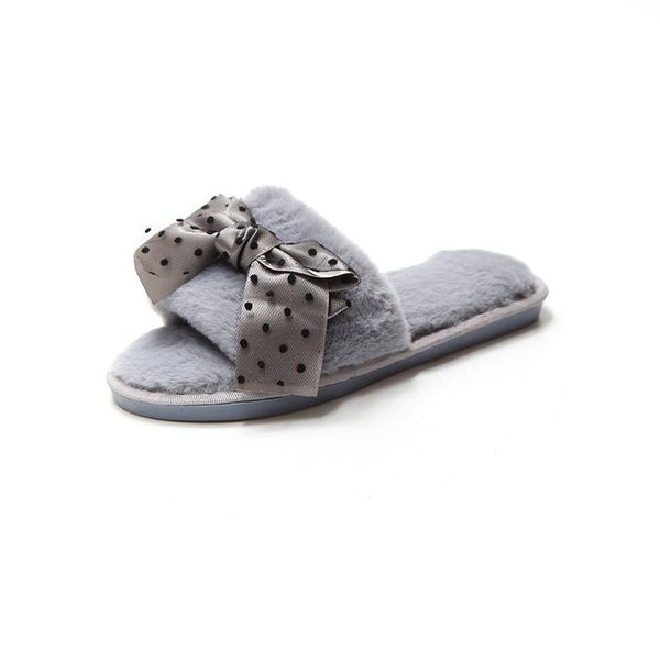 

autumn and winter new sweet bow plush word drag south korea station popular ladies warm wool slippers, Black