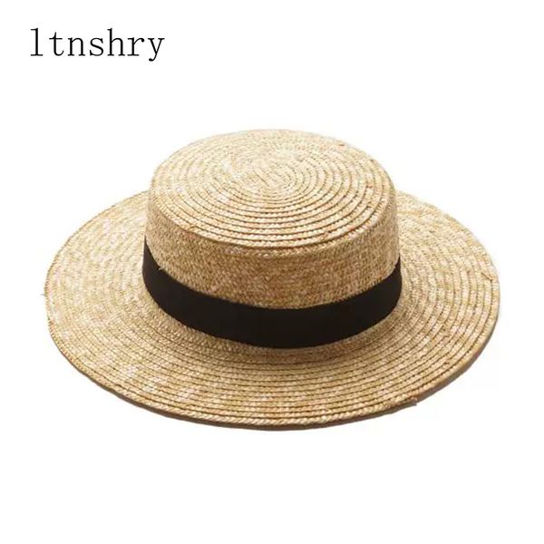 

2019 pop summer women's boater beach hat female casual panama hat lady brand classic flat bowknot straw sun hat women fedora y200602, Blue;gray