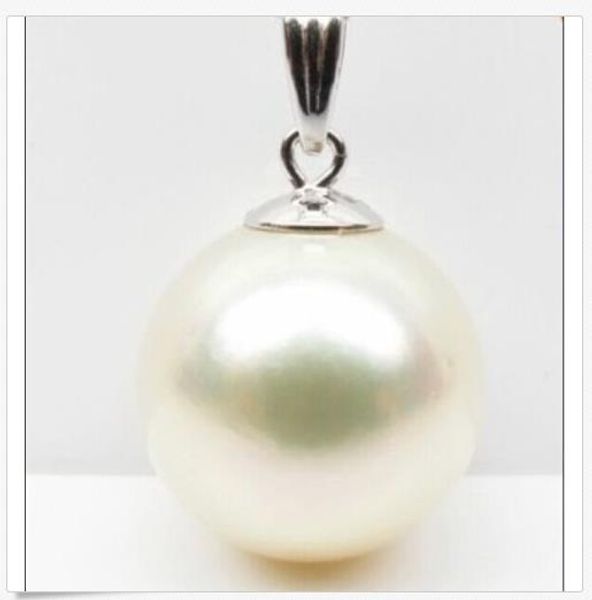 

huge 16mm natural south sea white perfect round shell pearl pendant 14k white, Silver