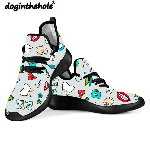 

doginthehole teenagers fashion sneakers dentist equipment printed flat shoes women knitting sneakers ladies lace-up nursing shoe, Black
