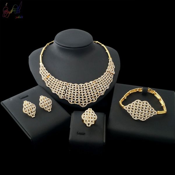 

yulaili luxury zinc alloy austria crystal choker earrings bracelet ring dubai gold jewelry sets for women party event accessories, Black