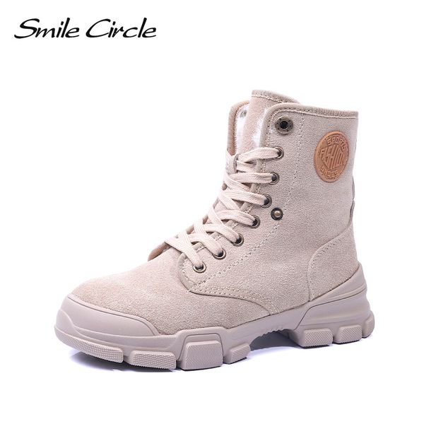 

smile circle winter ankle boots women suede leather sneakers warm plush lace-up fashion platform shoes motorcycle boots, Black
