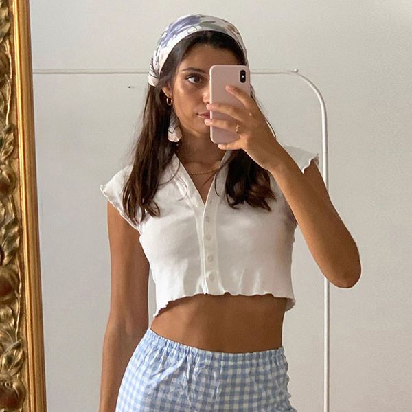 

summer new kpop white causal tees crop woman cardigan v-neck leisure street simple tshirt office lady outfit