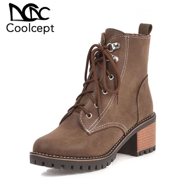 

coolcept plus size 34-45 ankle boots for women warm winter fashion shoes women outdoor vintage thick heel female footwear, Black