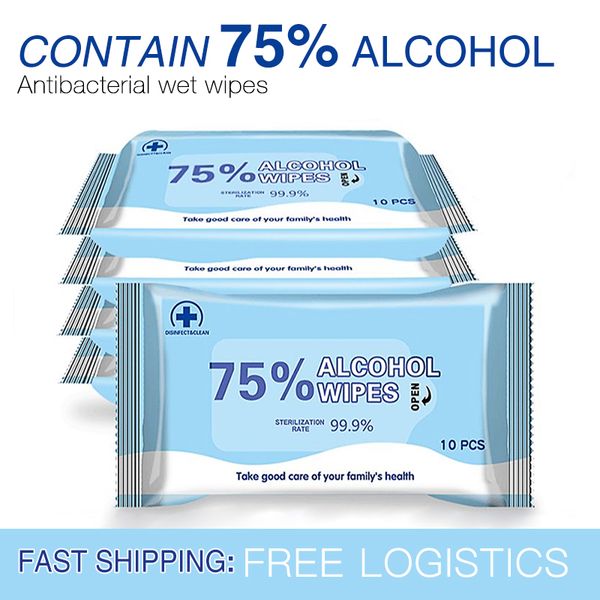 

packed in english 75% alcohol wipes, a pack of 10 portable wipes, disinfected, disinfectant wipes alcohol wipes hand sanitizer