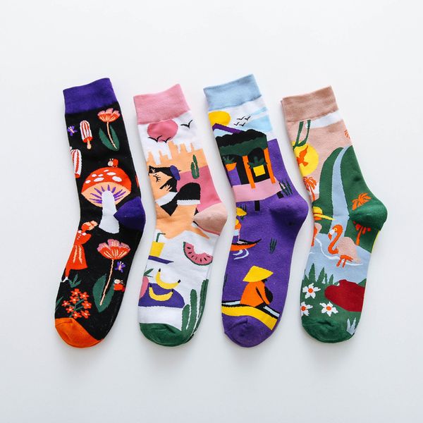 

fashion cartoon socks personality patterned socks cotton men women colorful fall winter long sock 4 pairs/set, Black