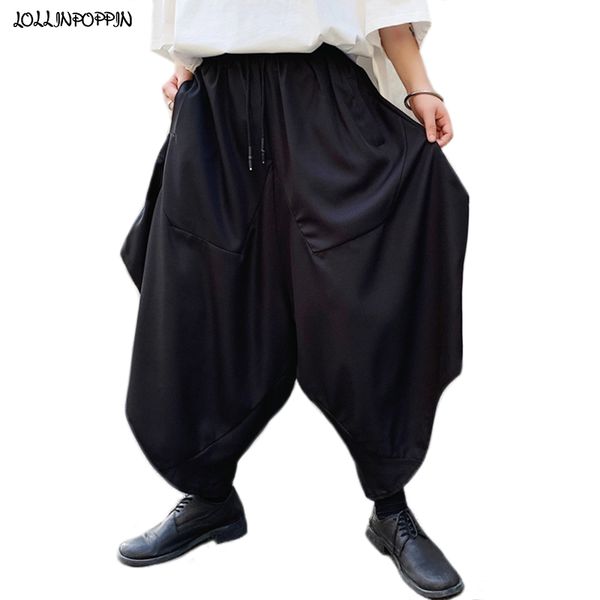 

japan style men drop crotch harem pants 2020 spring summer mens casual bloomers calf length trousers man baggy pants, Black