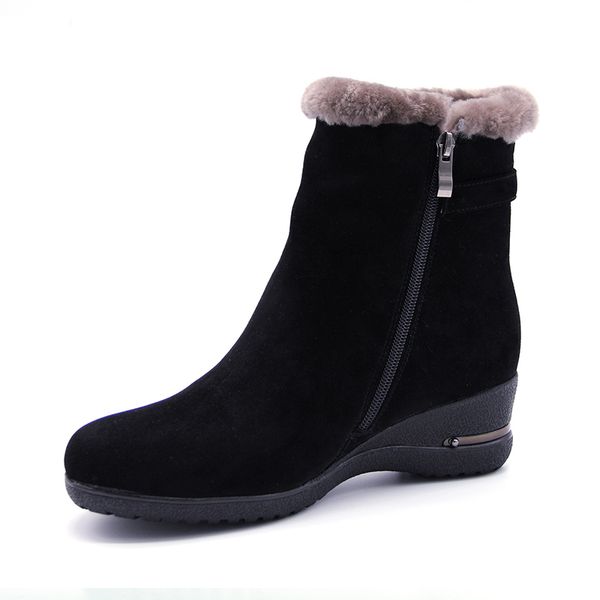 

2018 winter new warm fur ankle genuine wool full grain leather long plush snow boots women wedges shoes mx200324, Black