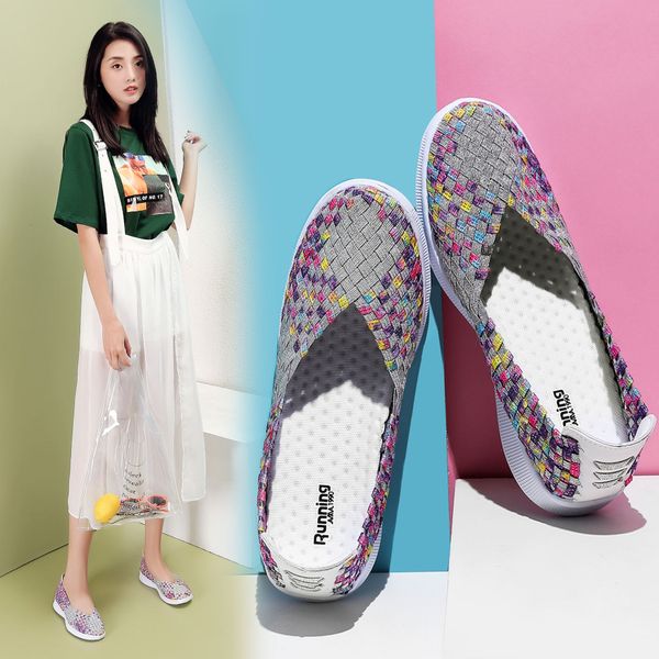 

women's shoes 2018 summer new style sports flat mom shoes soft bottom women's comfortable breathable lazy woven shoes women's, Black