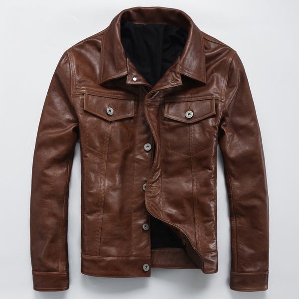 

men's leather & faux cow genuine simple lapel short slim jacket autumn coat, Black