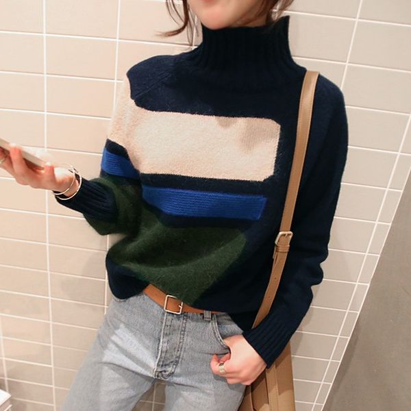 

new style sweater women pullover knitted turtleneck all-match female jumper print winter coat women, White;black
