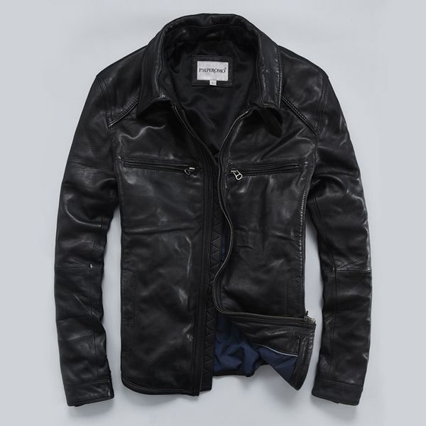 

slim new lapel fit genuine short sheep skin motorcycle leather jacket men's clothing, Black