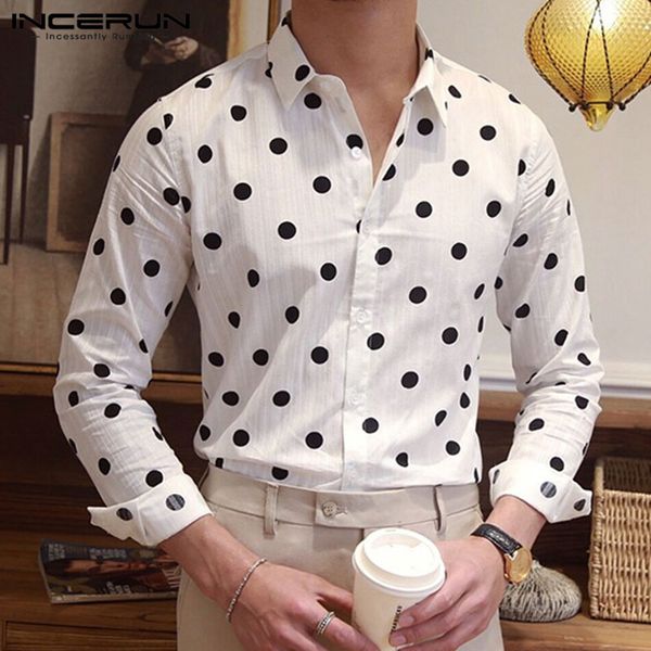 

incerun fashion polka dot men shirt dress button cotton long sleeve breathable casual brand shirts men camisa streetwear 2019, White;black