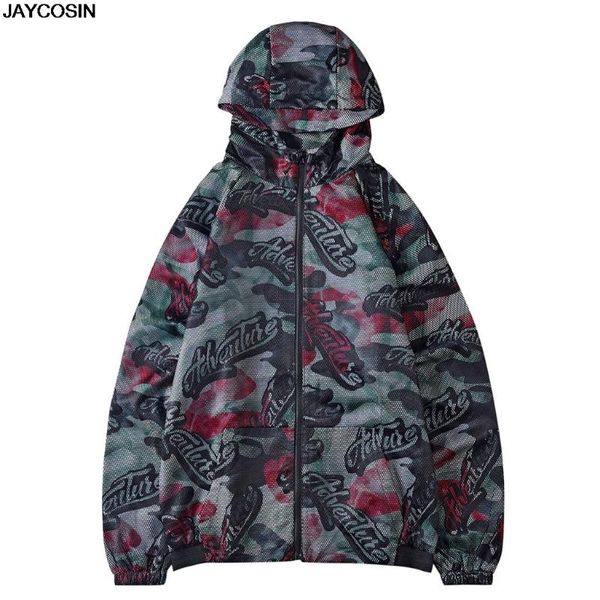 

men's jackets klv 2021 mens outdoor casual printed long-sleeved hooded zipper windbreaker waterproof coat sweater patchwork pockets, Black;brown