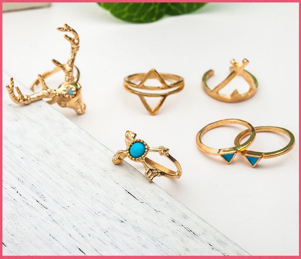 

bohemian elk head triangle turquoise arrow joint ring six-piece tail ring jewelry, christmas gift for girls, Black;brown