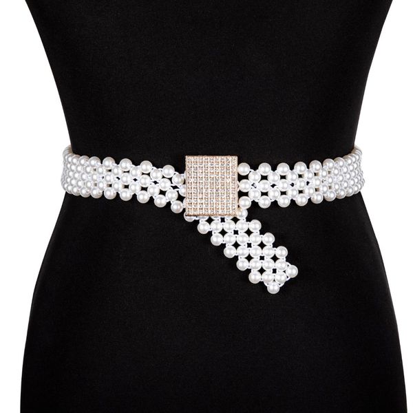 

br1015 elegant rhinestone pearl women belt female bride wedding bling crystal diamond waist chain belt elastic pearl belts 3cm, Black;brown