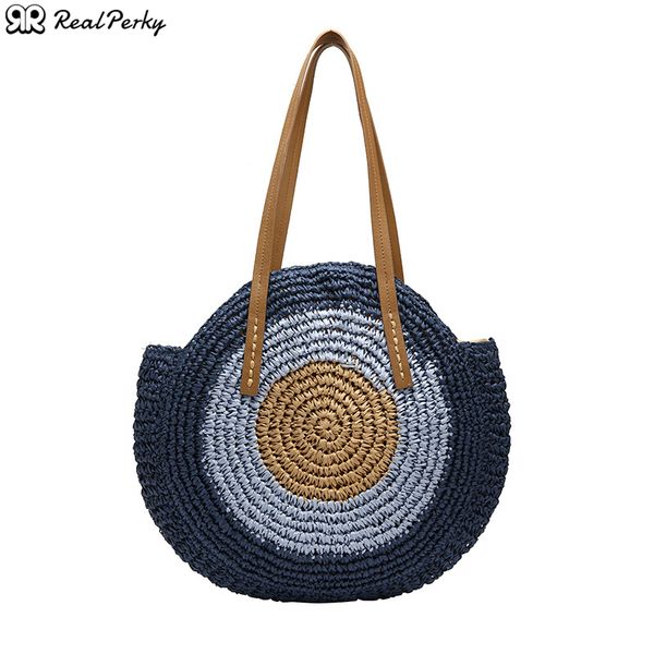 

realperky handmade woven round straw bags women bohemian summer circle beach bag female fashion crossbody shoulder big handbag