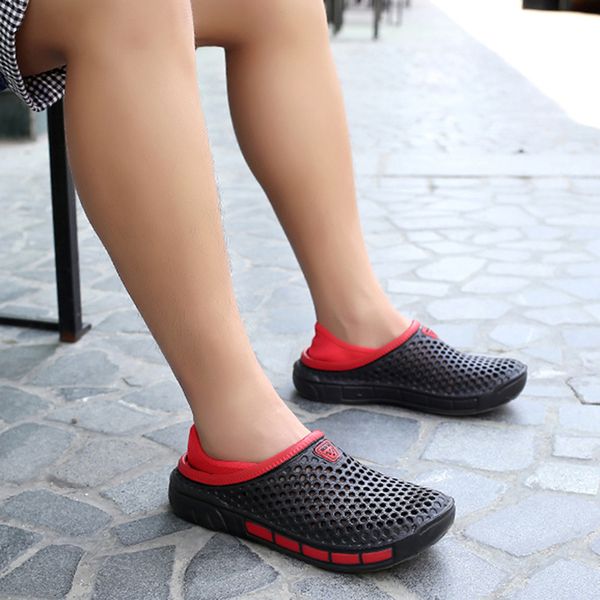 

men mesh couples hollow breathable out non-slide slipper beach outdoor shoes lazy half slipper, Black