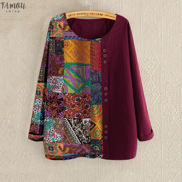 

women casual plus size printed long sleeve button tunic blouse crew neck blusa feminina blouse et chemisier femme fall womens, White