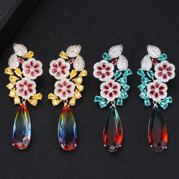 

godki 58mm luxury flower long dangle earring for women wedding cubic zircon crystal cz dubai bridal earrings trendy jewelry 2019, Silver