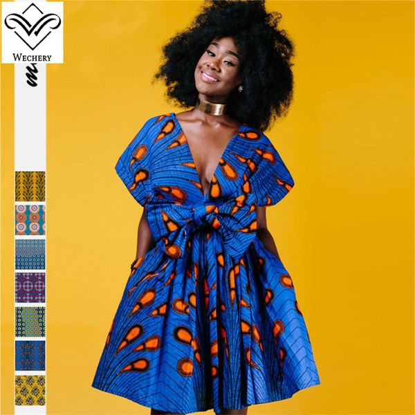 

wechery blue africa style dress -3xl slim waist v neck dress printed short sleeve kanga clothing women african clothes, Red