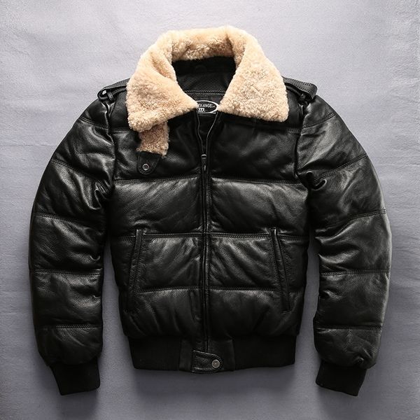 

2020 fashion winter down jacket fur collar leather jacket men black men's cowskin coat soft shell pilot jacket leather coat men