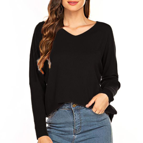 

women's casual v-neck sweater fashion batwing long sleeve loose winter knit pullover sweater, White;black