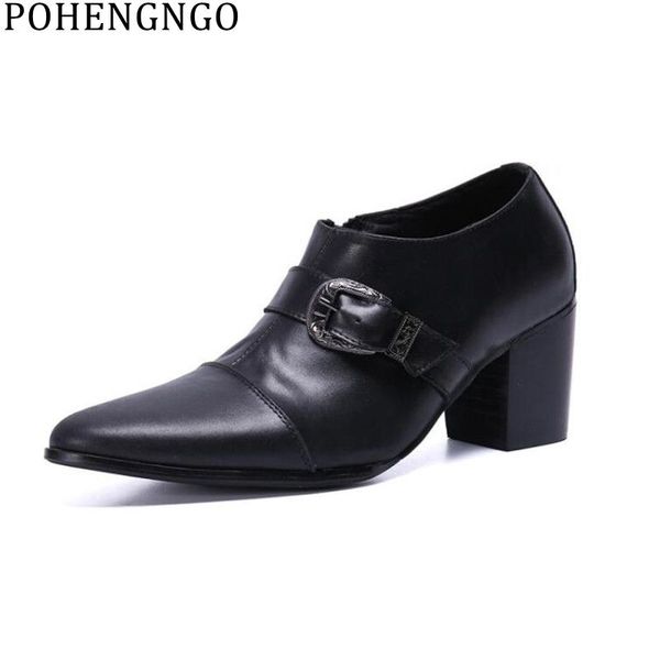 

genuine leather men high heels riding boots winter pointed punk ankle boots fashion men wedding heighten shoe, Black